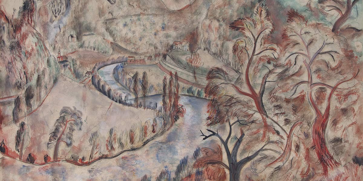 Soft watercolor landscape of a winding river with sparse trees and small buildings in muted earthy tones.