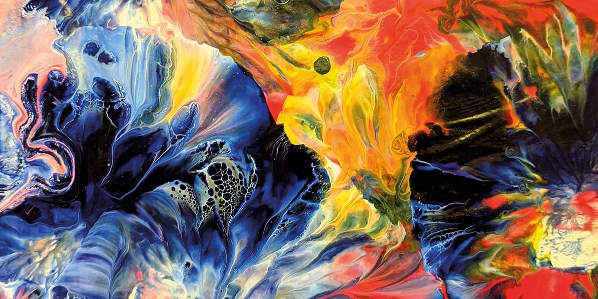 Abstract fluid art with swirling blue, orange, yellow, and black colors blending dynamically.