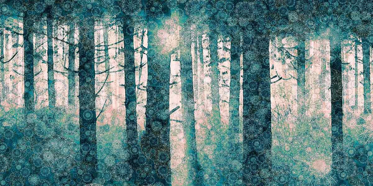 Abstract artistic forest scene with tall tree trunks and a blue textured overlay resembling snowflakes or fractals.