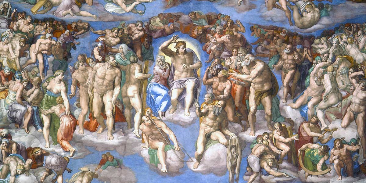 Renaissance fresco showing muscular figures gathered on clouds around a central glowing figure.