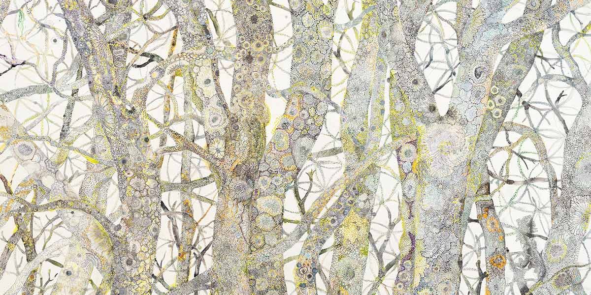 Intricate artwork of abstract tree trunks and branches with detailed floral and geometric patterns.