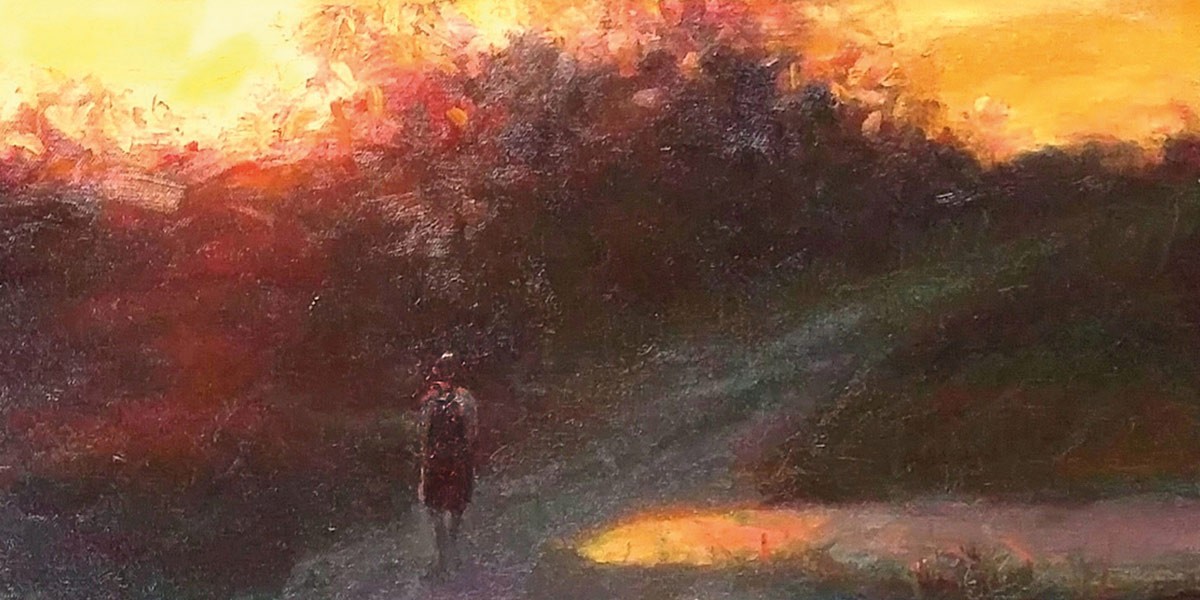 Impressionist painting of a lone figure walking on a path at sunset with vibrant orange and red foliage.