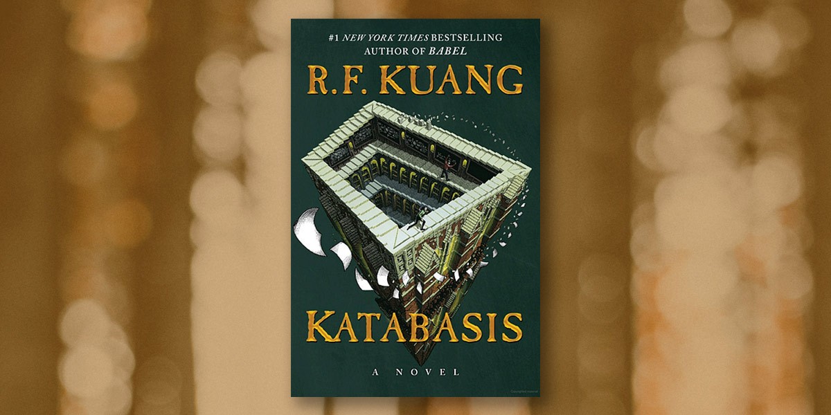 Cover of the novel Katabasis by R.F. Kuang with a Penrose stairs style building and floating papers.