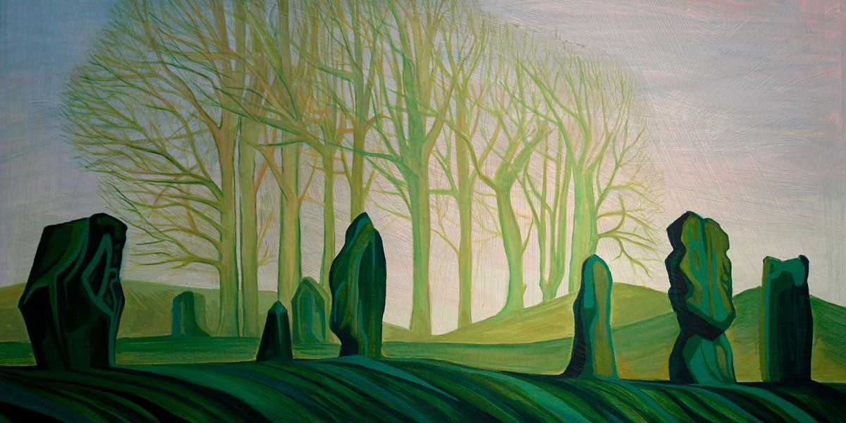 Greenish standing stones on dark ground with leafless trees and hills under a pale sky.