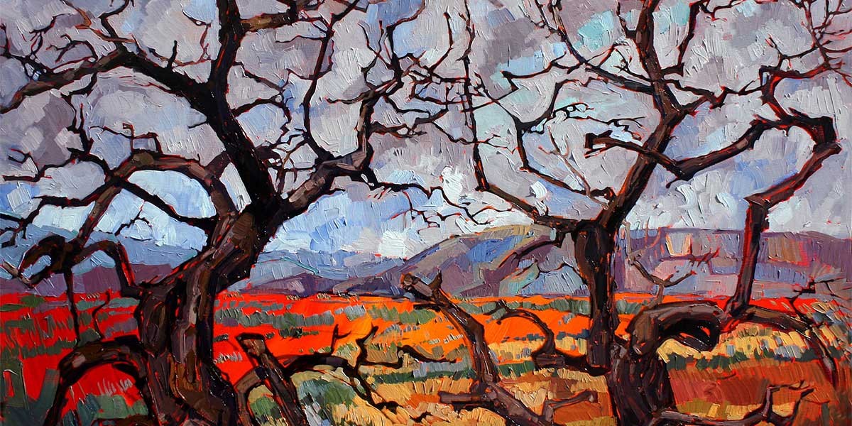 Painting of twisted bare tree branches with a colorful landscape of fields and hills in the background.