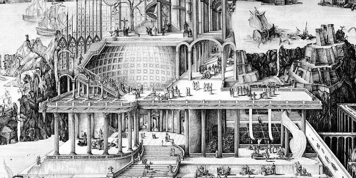 Detailed black and white architectural drawing of a grand classical building with columns, stairs, and figures.