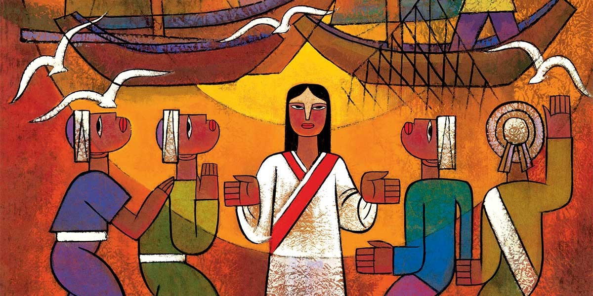 Stylized artwork of five figures with boats and seagulls above them on an orange background.