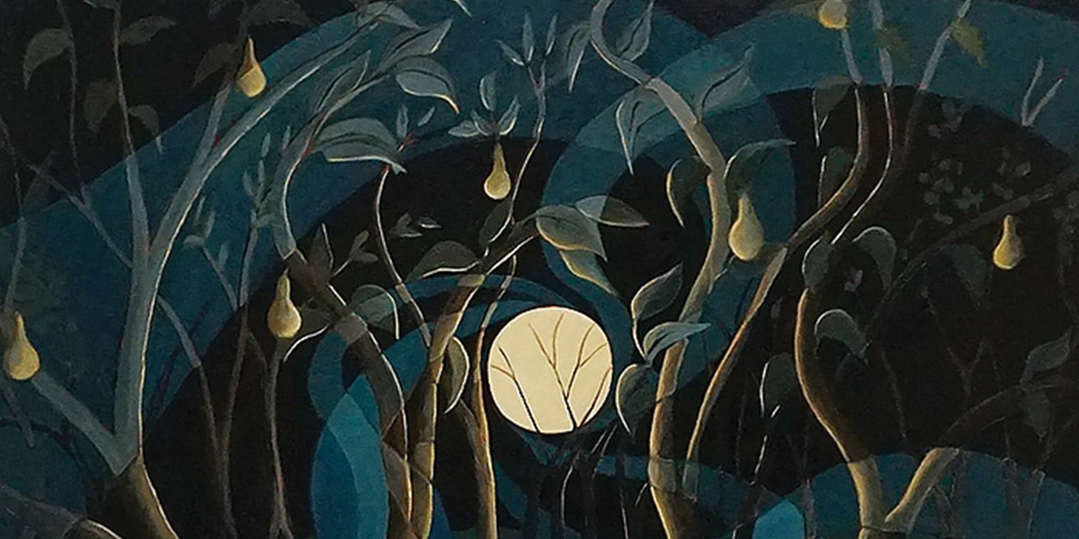 Surreal night scene with pear trees silhouetted against a glowing full moon and dark blue abstract sky.