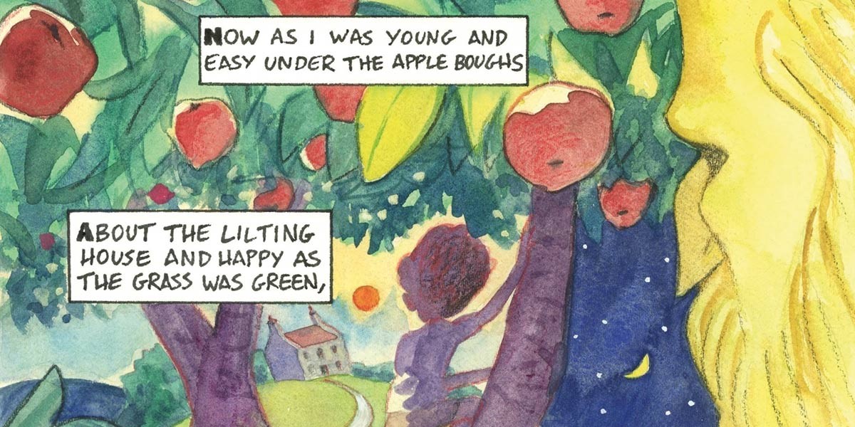 Watercolor illustration of a person under apple trees with text about youth and a green grass house.