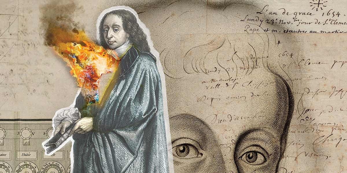 Historical portrait of a man in robes releasing colorful flames from his mouth against a background of old text and sketches.