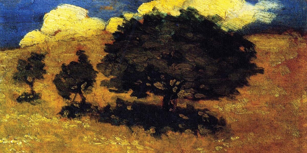 Oil painting of a dark tree with two smaller trees on a yellow-brown field under a partly cloudy blue sky.