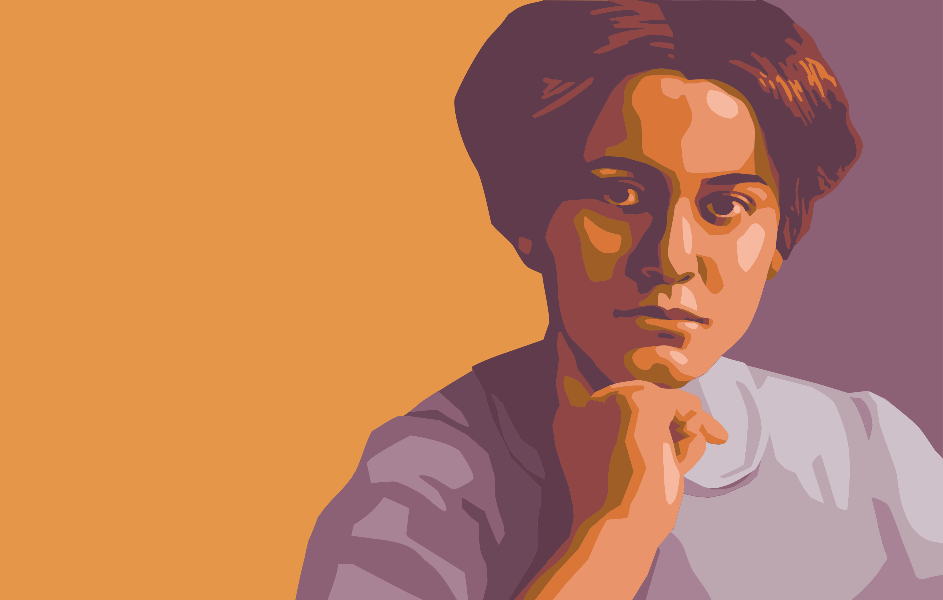 Stylized portrait of a woman with short hair resting her chin on her hand against a split orange and purple background.