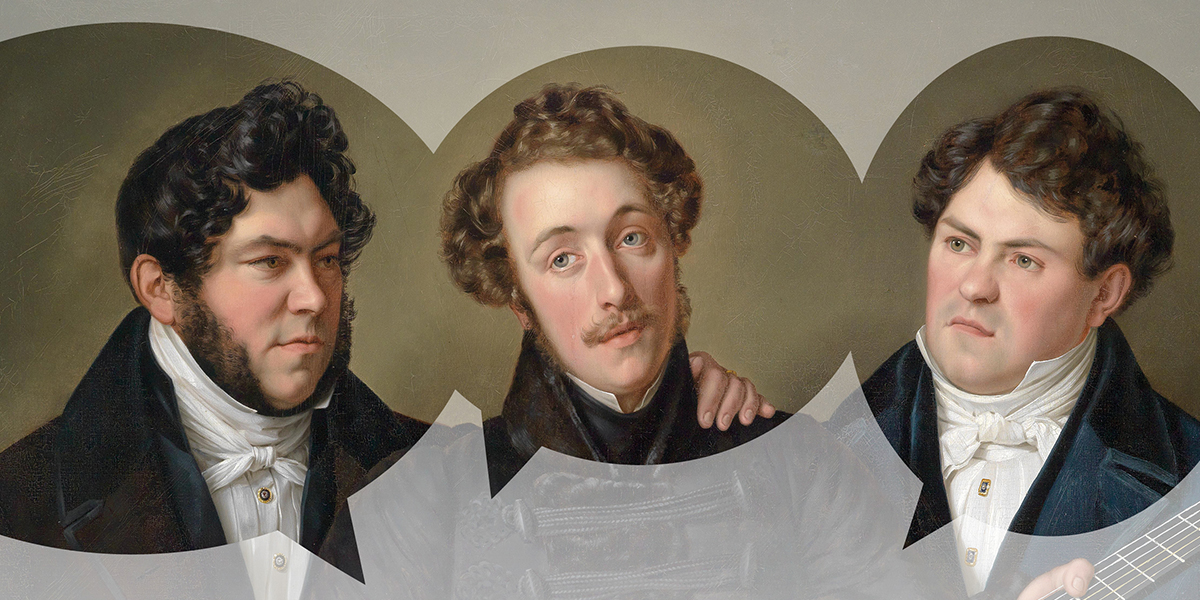 Portrait of three 19th-century men in formal attire, one holding a guitar, with varied facial expressions.