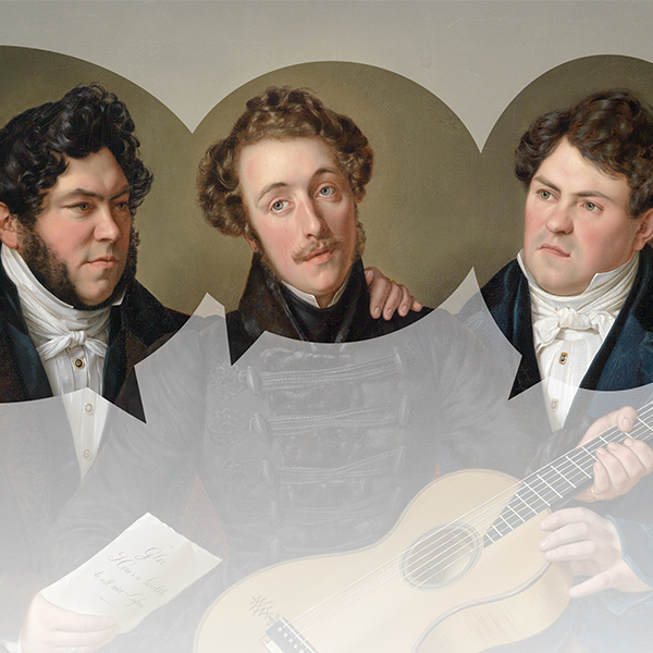 Three men in 19th-century attire, one holding a paper and another playing a guitar, posed closely.