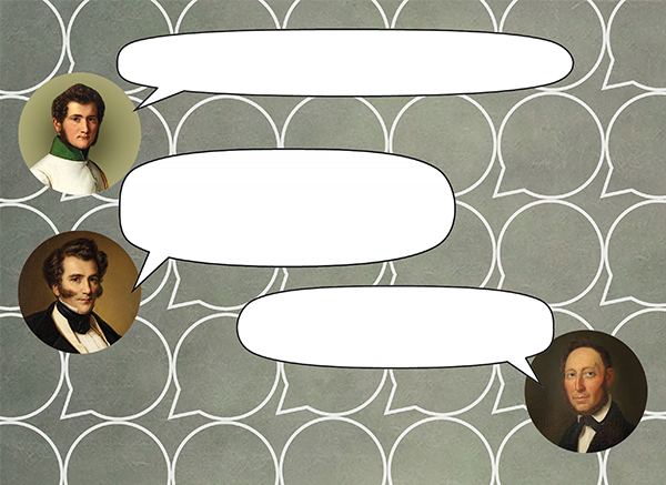 Three historical men's portraits with empty speech bubbles on a gray background with speech bubble outlines.