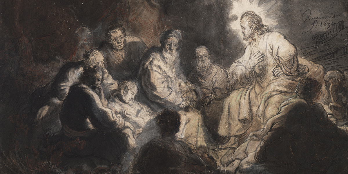 Sketch of Jesus with a radiant halo speaking to a group of seated men in robes.