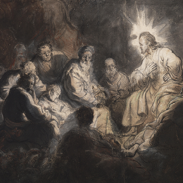 A glowing figure resembling Jesus teaching a group of seated men in a dark, sketchy scene.