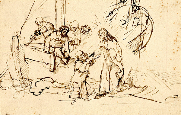Sketch of a man on a boat handing a key to a robed figure surrounded by onlookers.