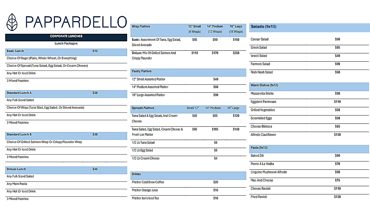 Corporate Lunch Menu