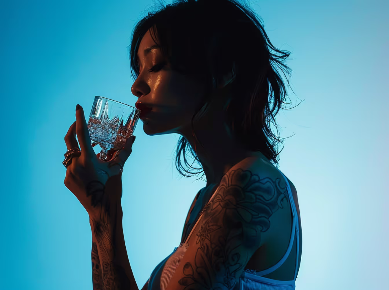Creative silouette photo of an Asian woman standing against a gradient duck blue background, wearing a very tight white top that subtly reveals details underneath, her arm adorned with intricate Japanese-style tattoos