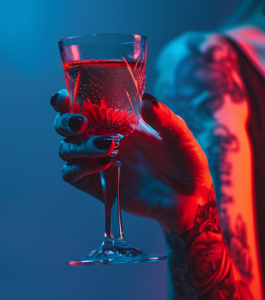 Shot of a woman tattooed hand elegantly holding a cocktail glass, positioned slightly further away to give a more commercial, studio-style look.