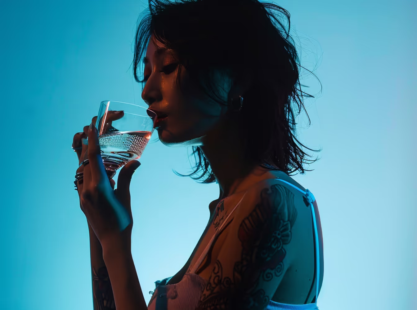 Creative silouette photo of an Asian woman standing against a gradient duck blue background, wearing a very tight white top that subtly reveals details underneath, her arm adorned with intricate Japanese-style tattoos