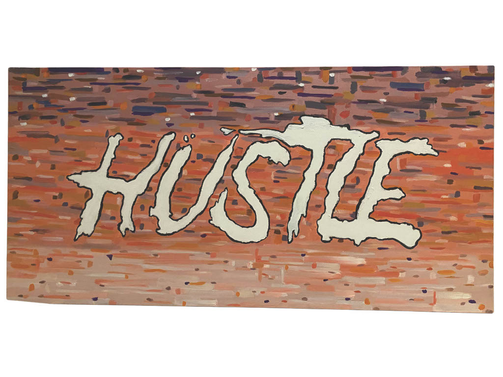 Oil painting titled Hustle depicting urban energy and movement