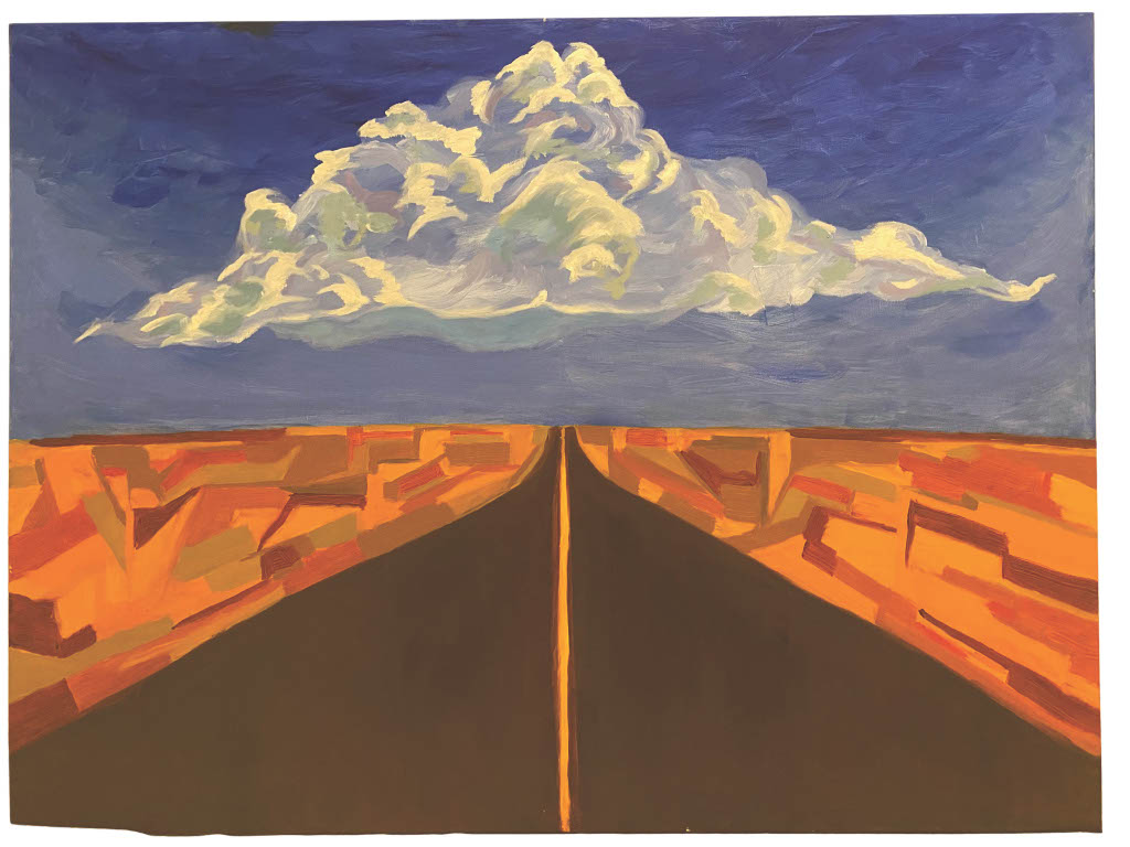 Oil painting of driving up Interstate 5 through California landscape