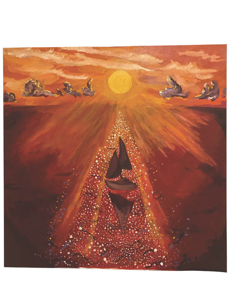 Oil painting of vibrant sunset with warm orange and purple tones