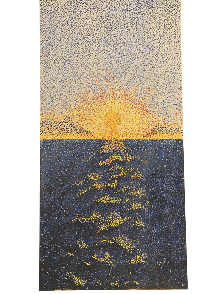 Abstract oil painting of ocean waves with dotted pointillist technique