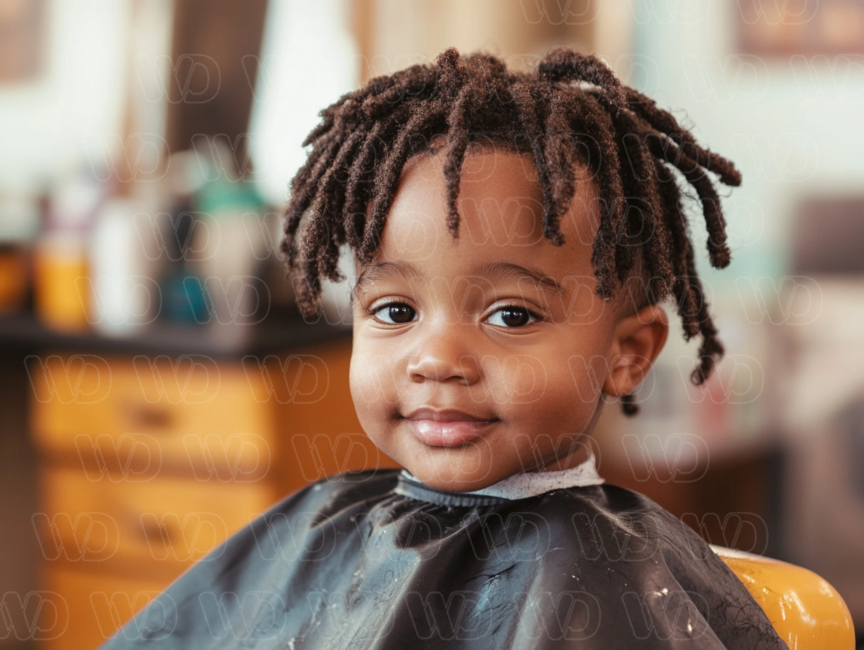 Image of Little Kind Sitting in Barber Chair Smiling