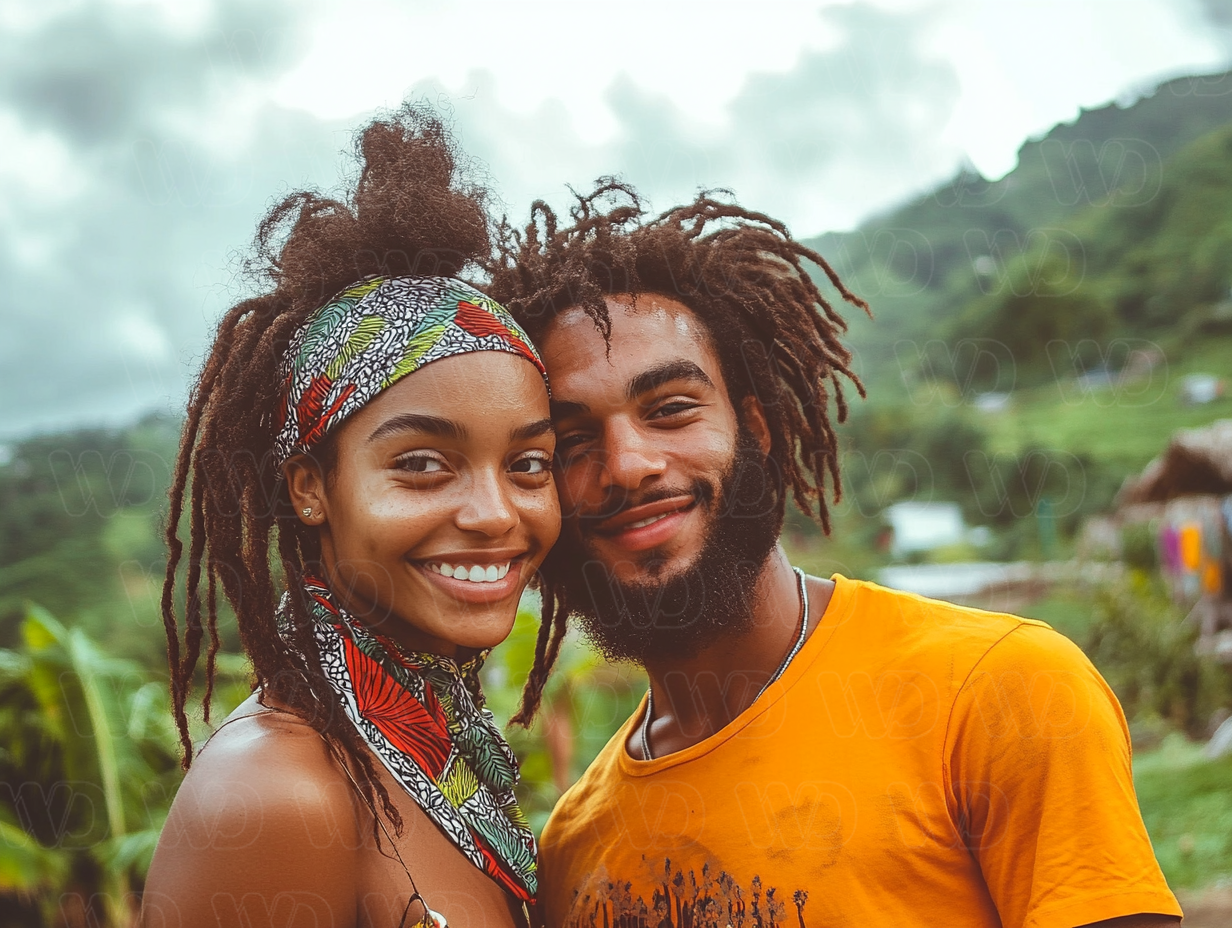 Young couple abroad in Jamaica smiling. 