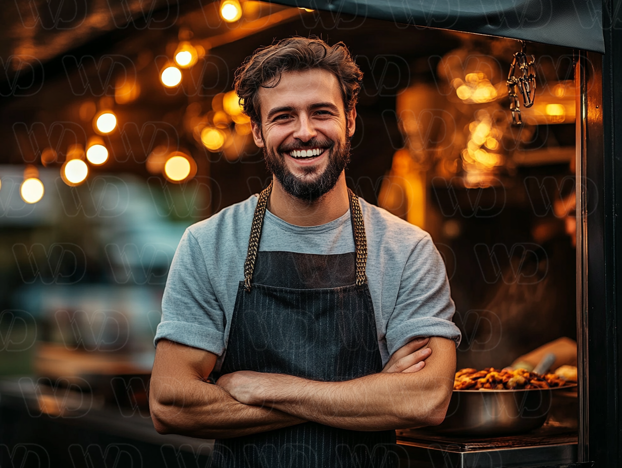 Chef Smiling in Front of His Restaurant
