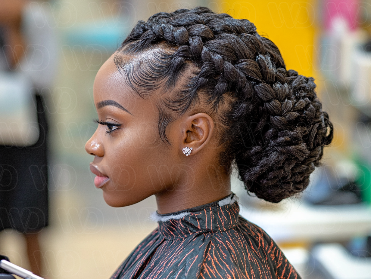 Woman sitting with a beautiful hair twisted hair style. 