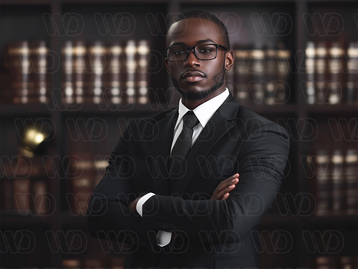 Image of a young lawyer standing with his arms folded in front of a bookshelf.
