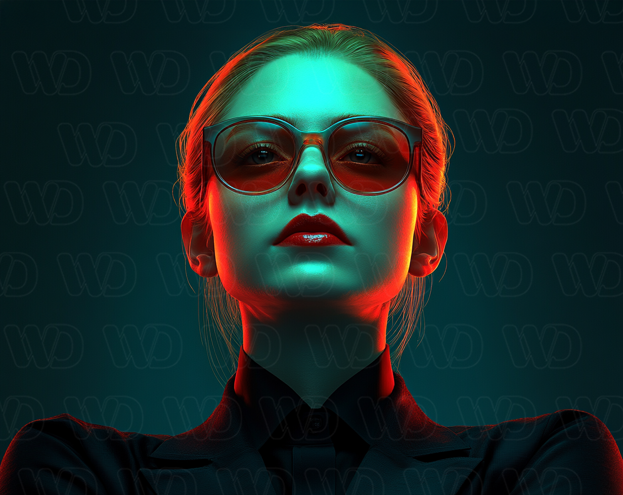 Image of a young woman start-up CEO posing for a photo with red glasses.
