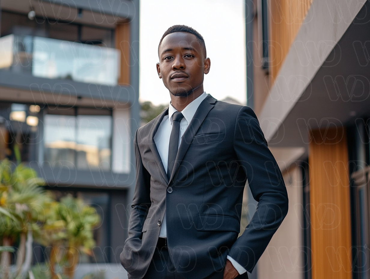 Confident young man dressed in a dark suit and tie, standing outdoors in a modern environment.