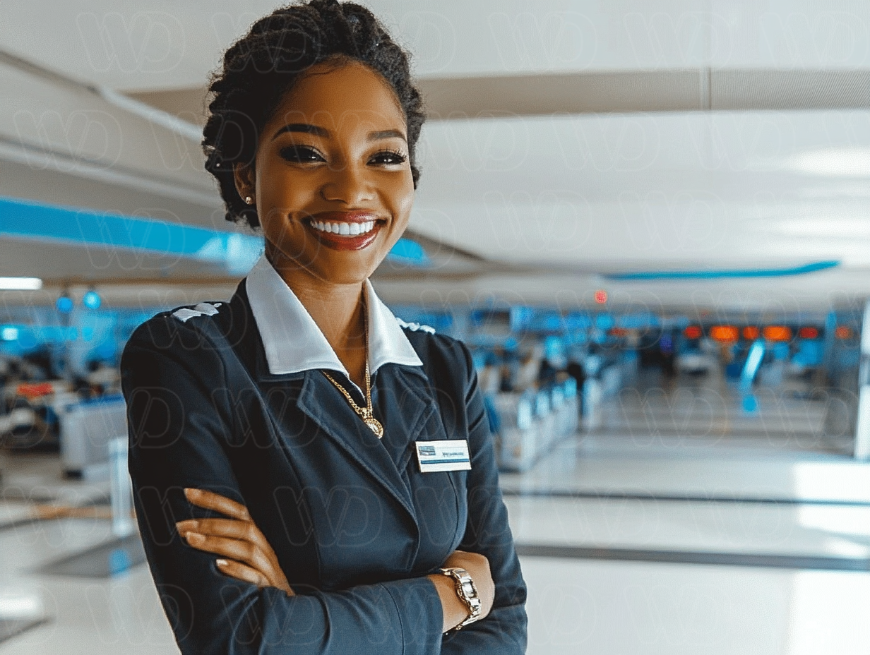 Image of a pretty young female flight attendant smiling.
