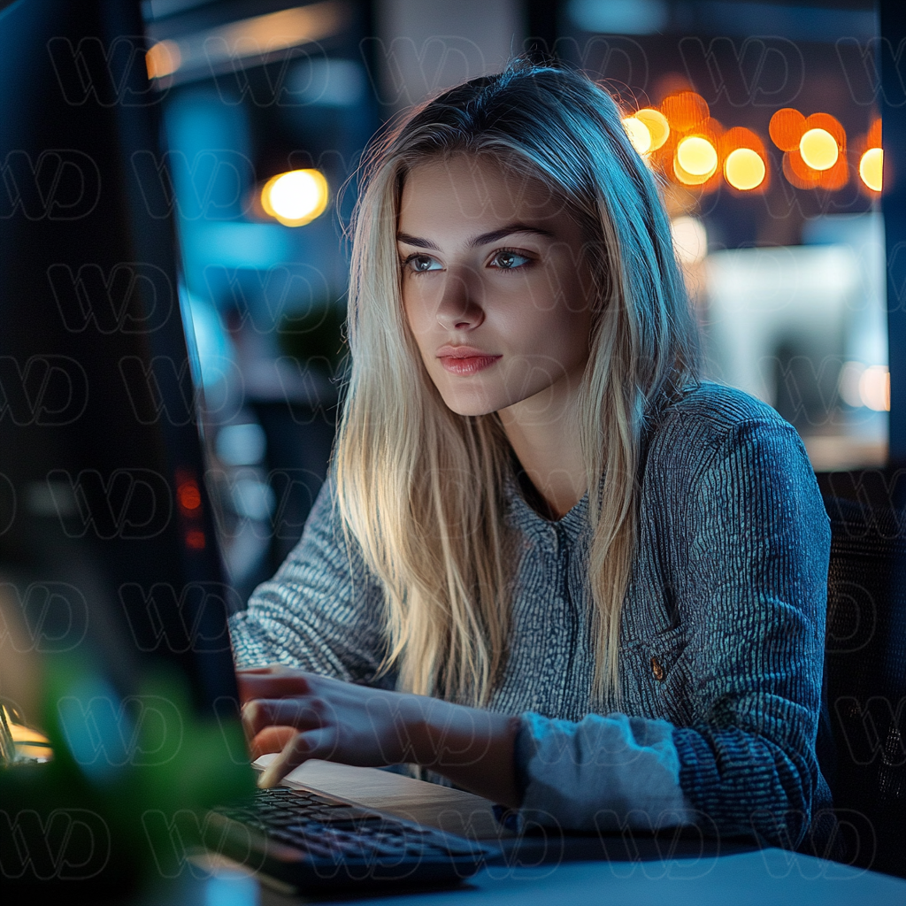 Image of a young female working in the office on a computer.
