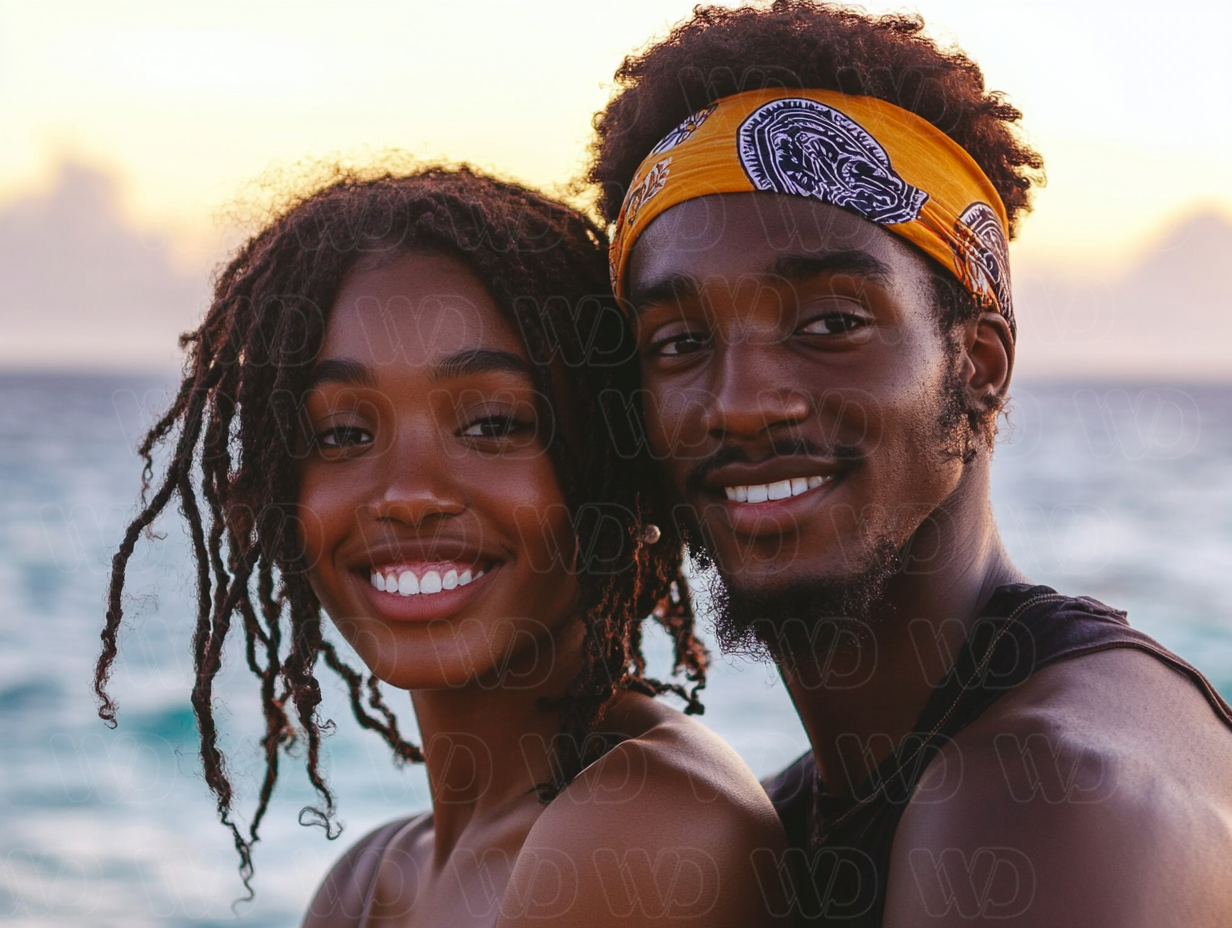 Nice picture of a couple smiling on the beach.
