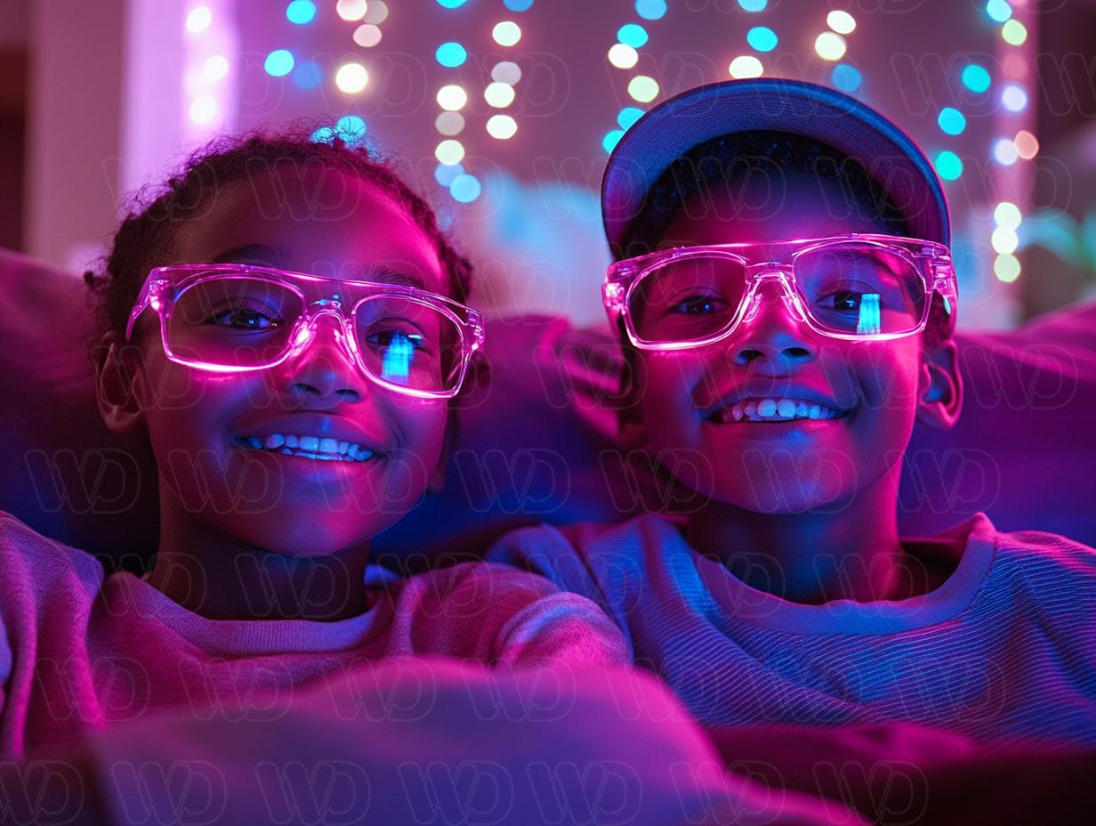 Cool image of kids smiling and wearing their pink Neon glasses.
