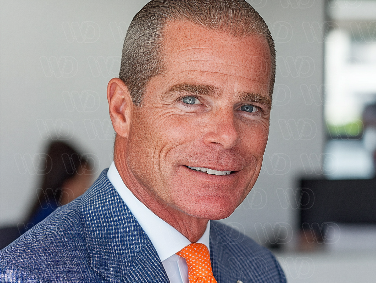 Close-up image of a businessman in an orange tie posing for a picture.
