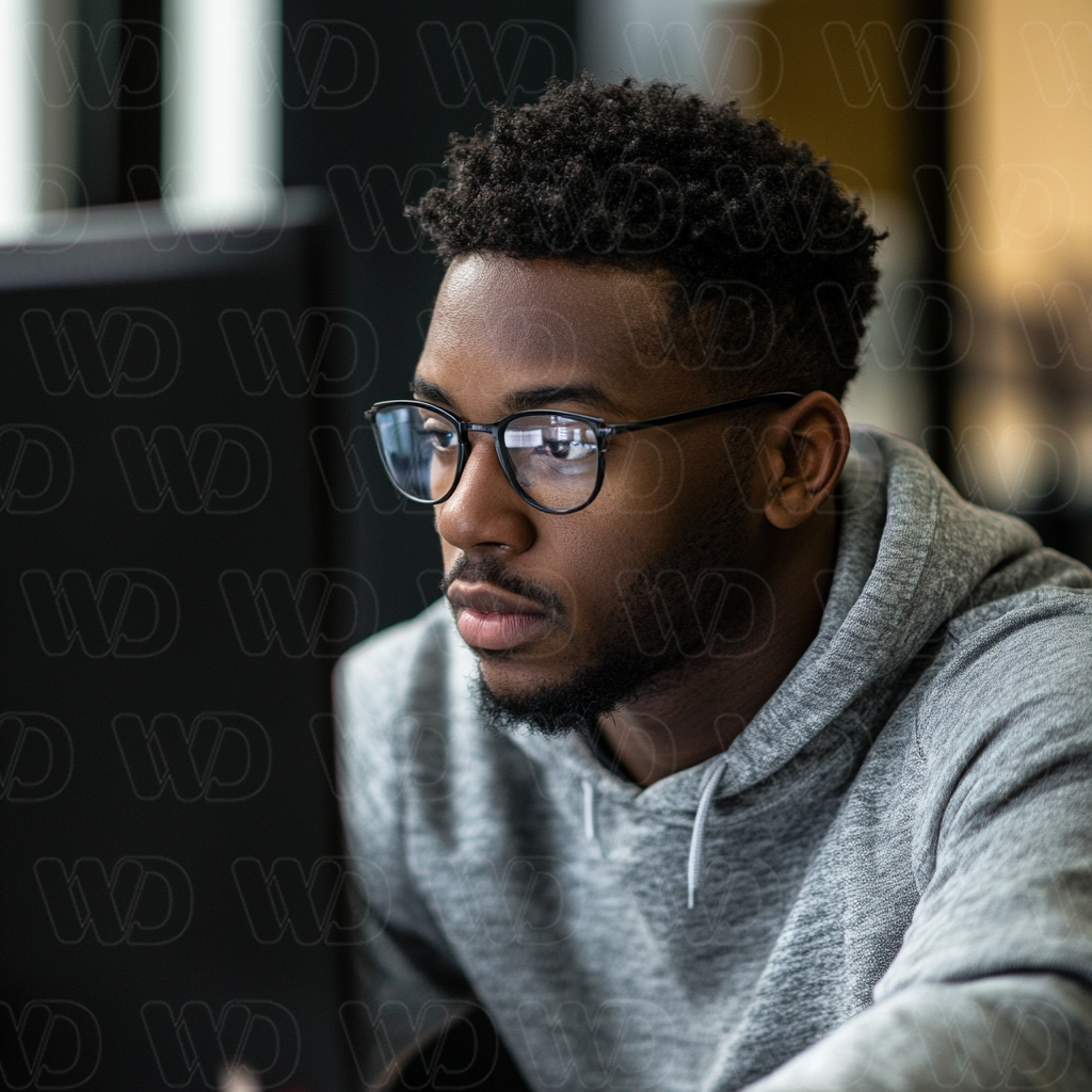 Young man focused on studying on the computer. 