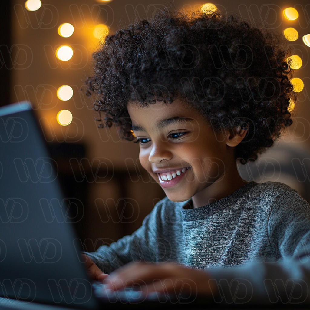 The image depicts a cheerful young child with curly hair, focused on using a laptop.