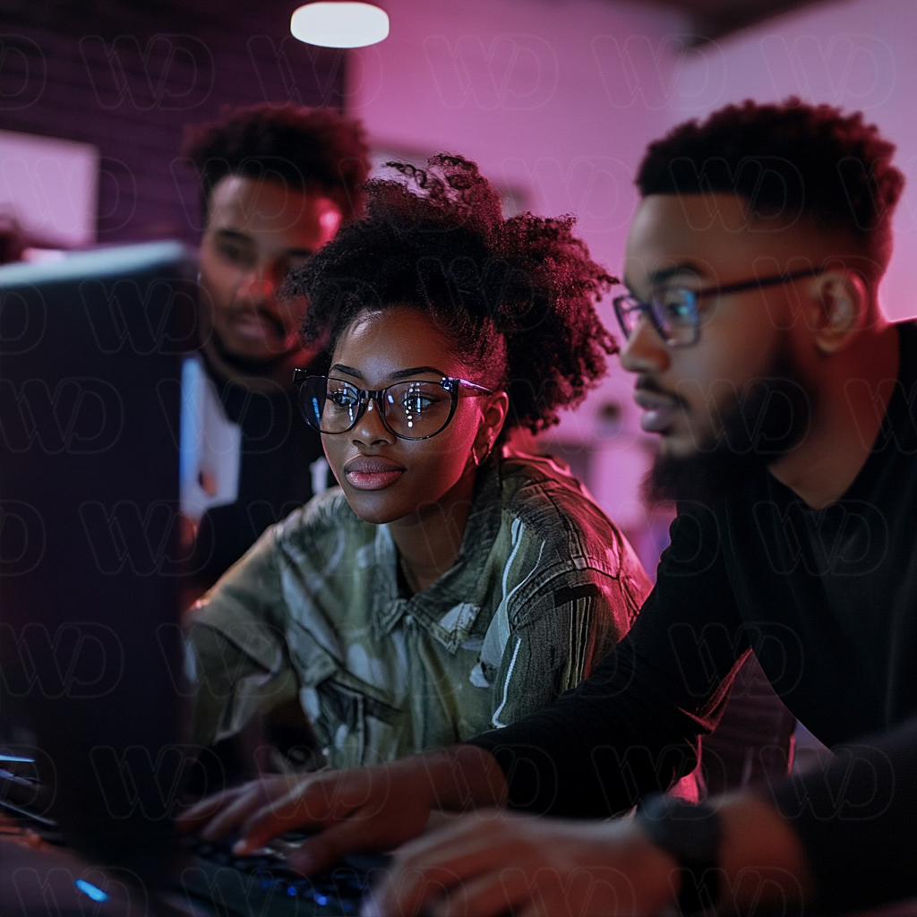 Image of three young graphic designers on the computer.
