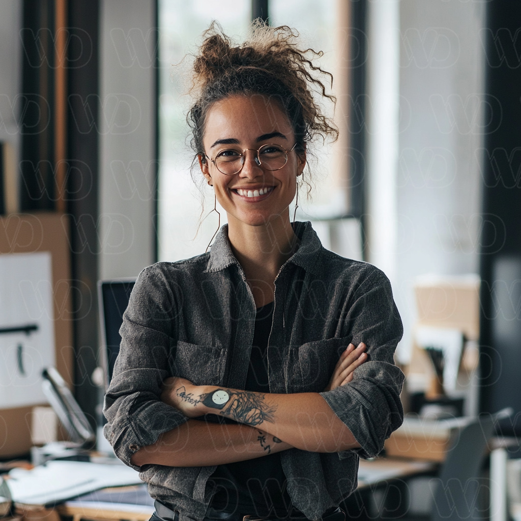 Image of a cool female designer standing with her arms folded.
