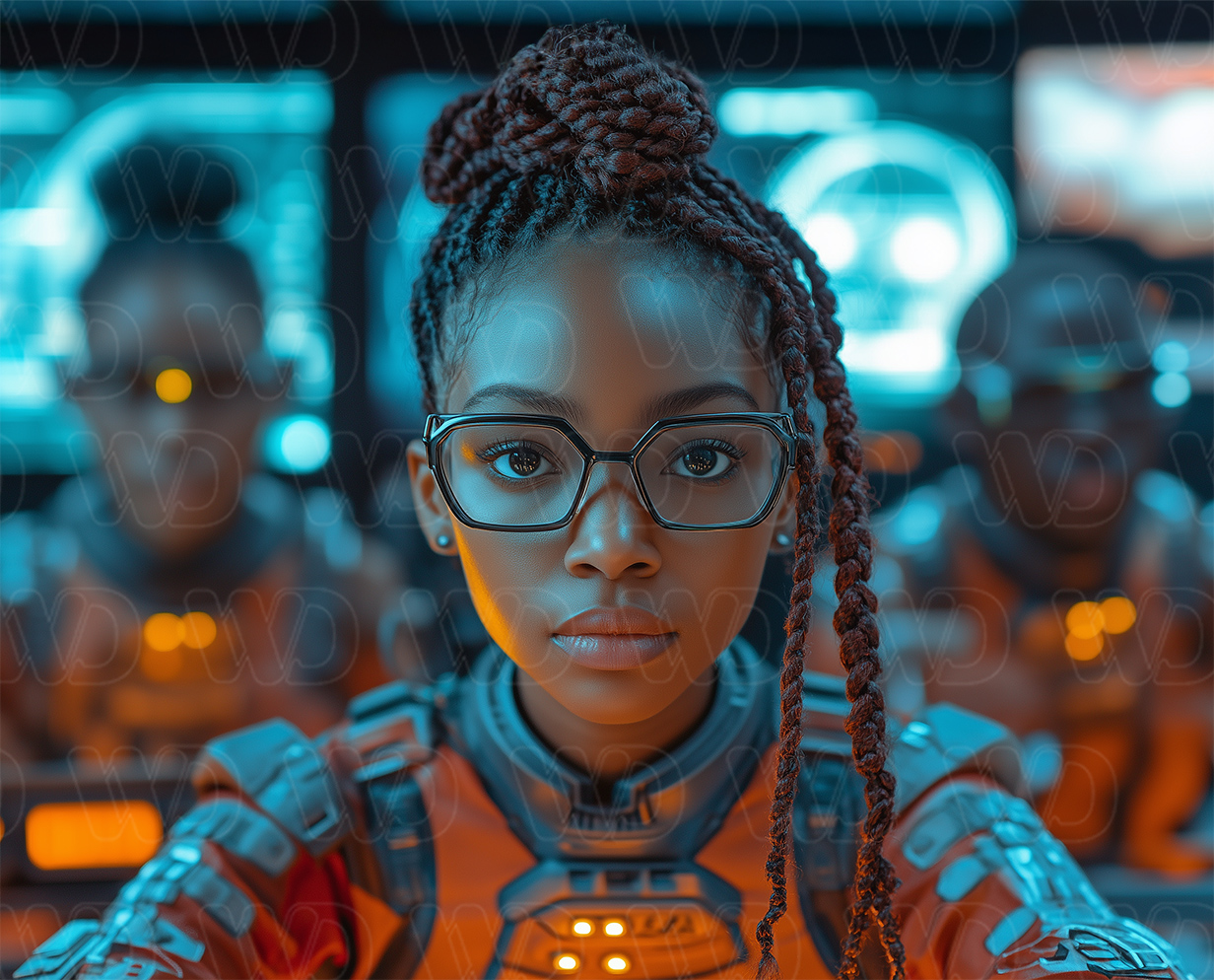Futuristic scene, focusing on a young woman with braided hair tied in a bun, wearing glasses and an advanced orange-and-silver suit.