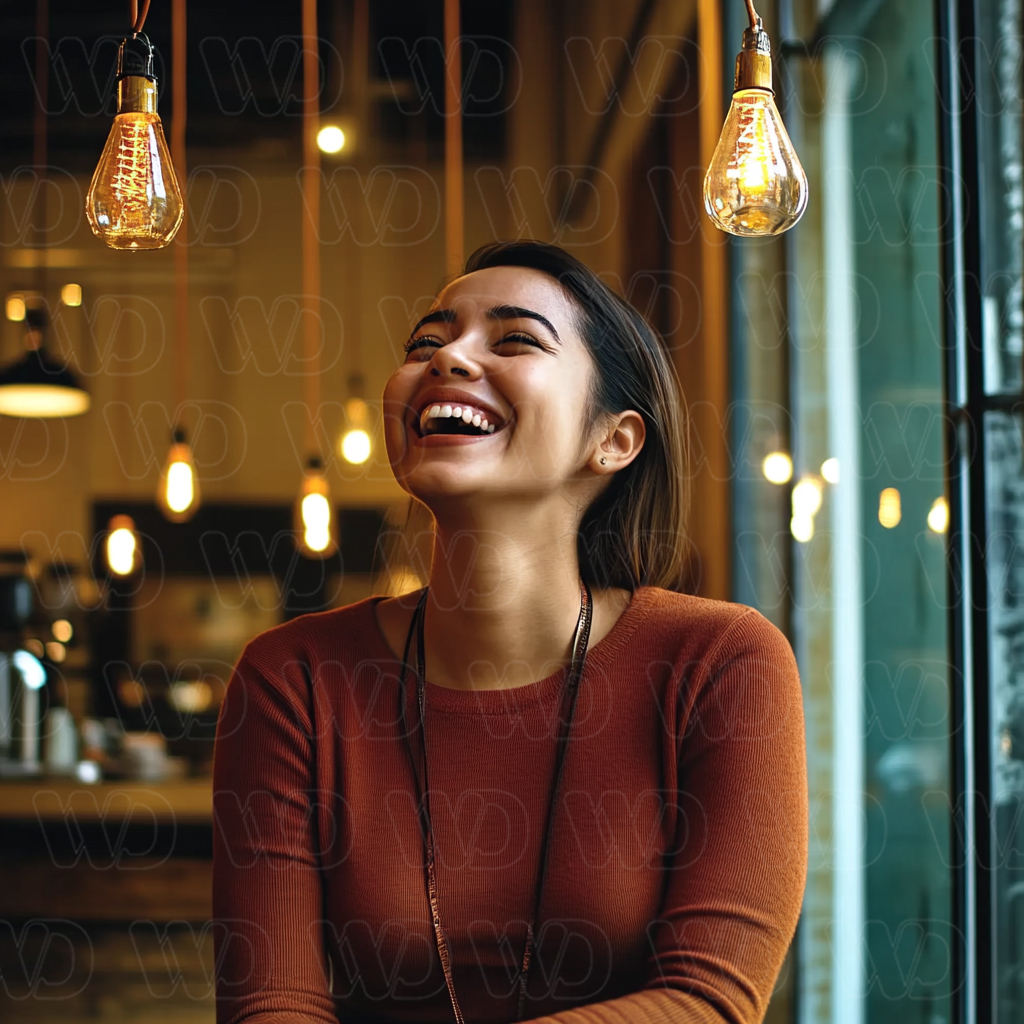 The image features a young woman sitting in a cozy coffee shop setting, laughing joyfully.
