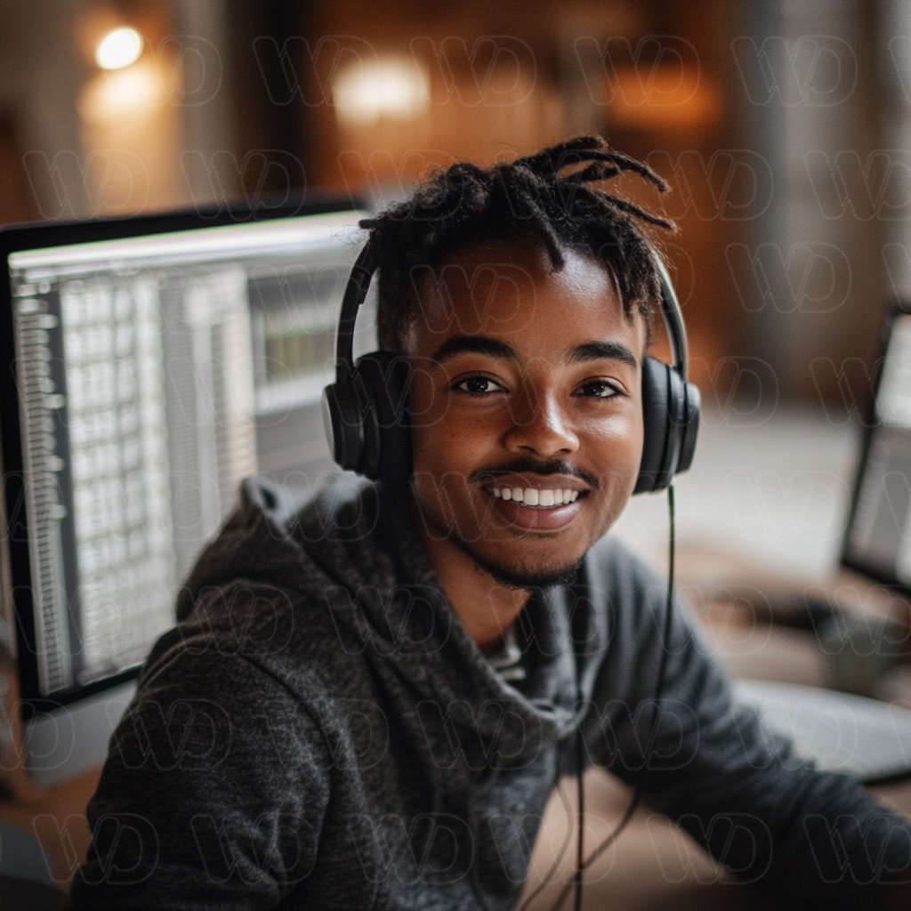 A young man with a friendly smile wearing headphones and a casual hoodie. 