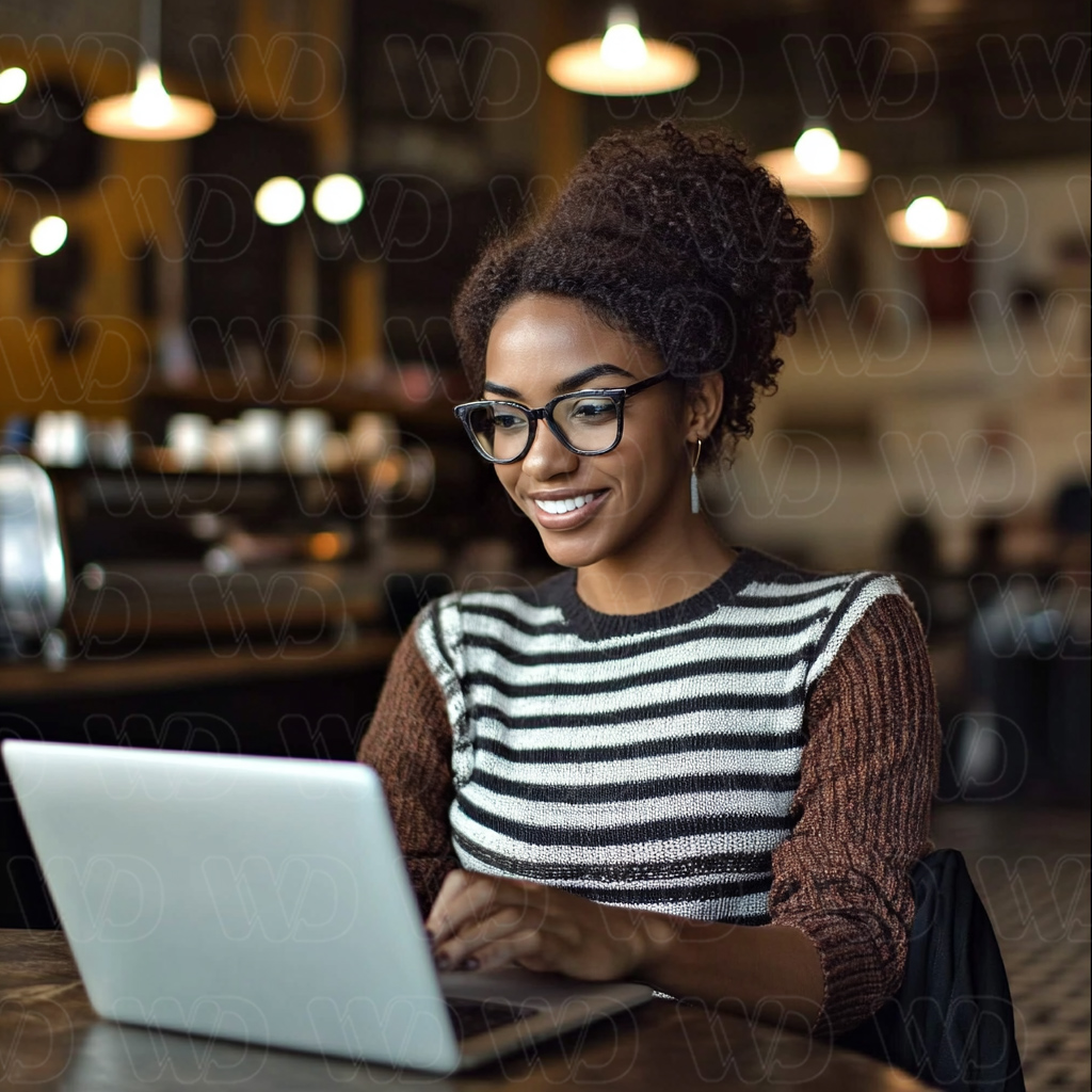 Image of a young lady in the coffee shop working on a laptop.
